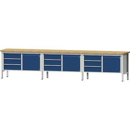 Workbench extra wide, frame construction, 3 doors, 9 drawers are fully extendable, working height 890 mm, solid beech worktop.