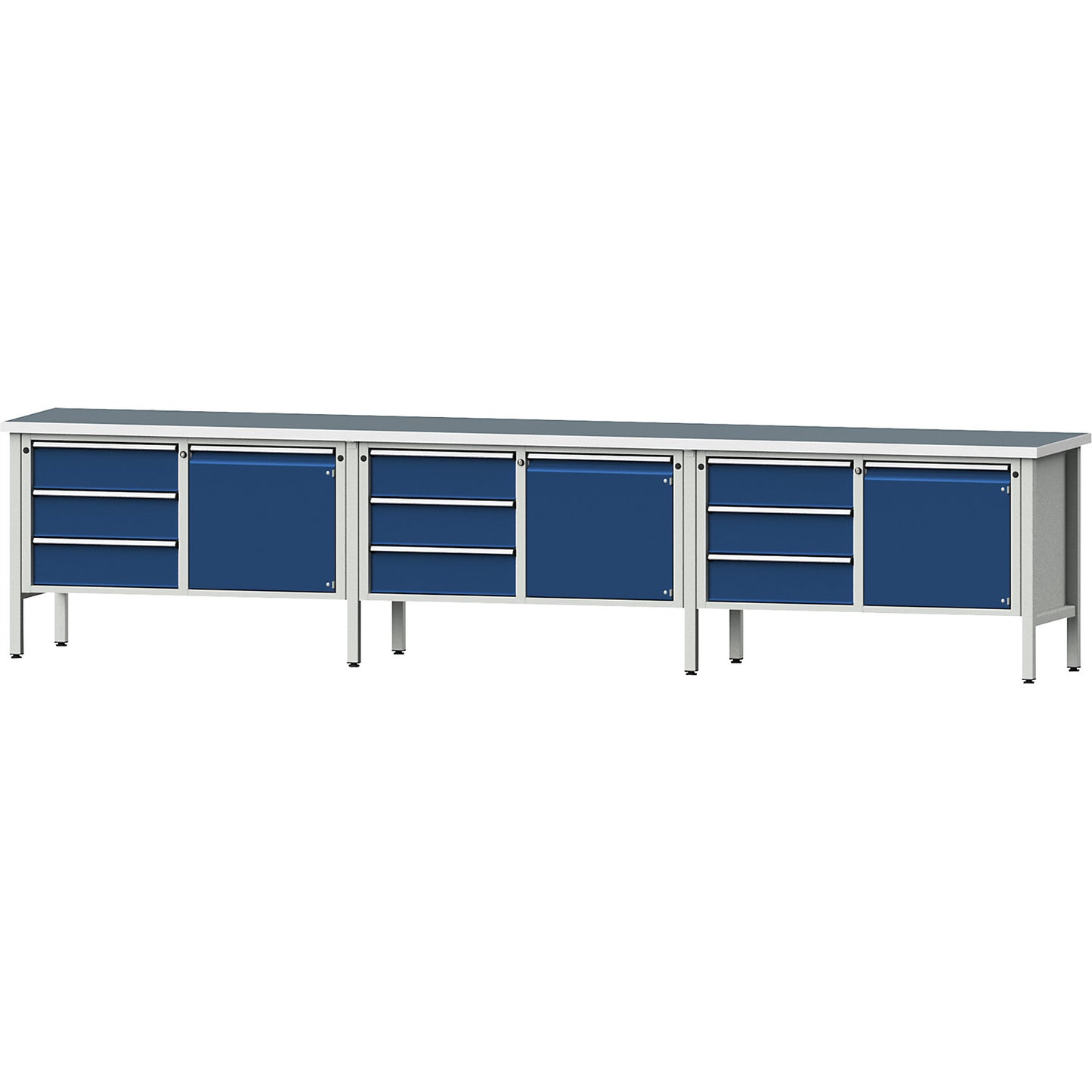 Workbench extra wide, frame construction, 3 doors, 9 drawers are fully extendable, working height 890 mm, universal worktop.