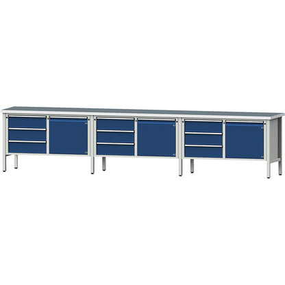 Workbench extra wide, frame construction, 3 doors, 9 drawers are fully extendable, working height 890 mm, universal worktop.