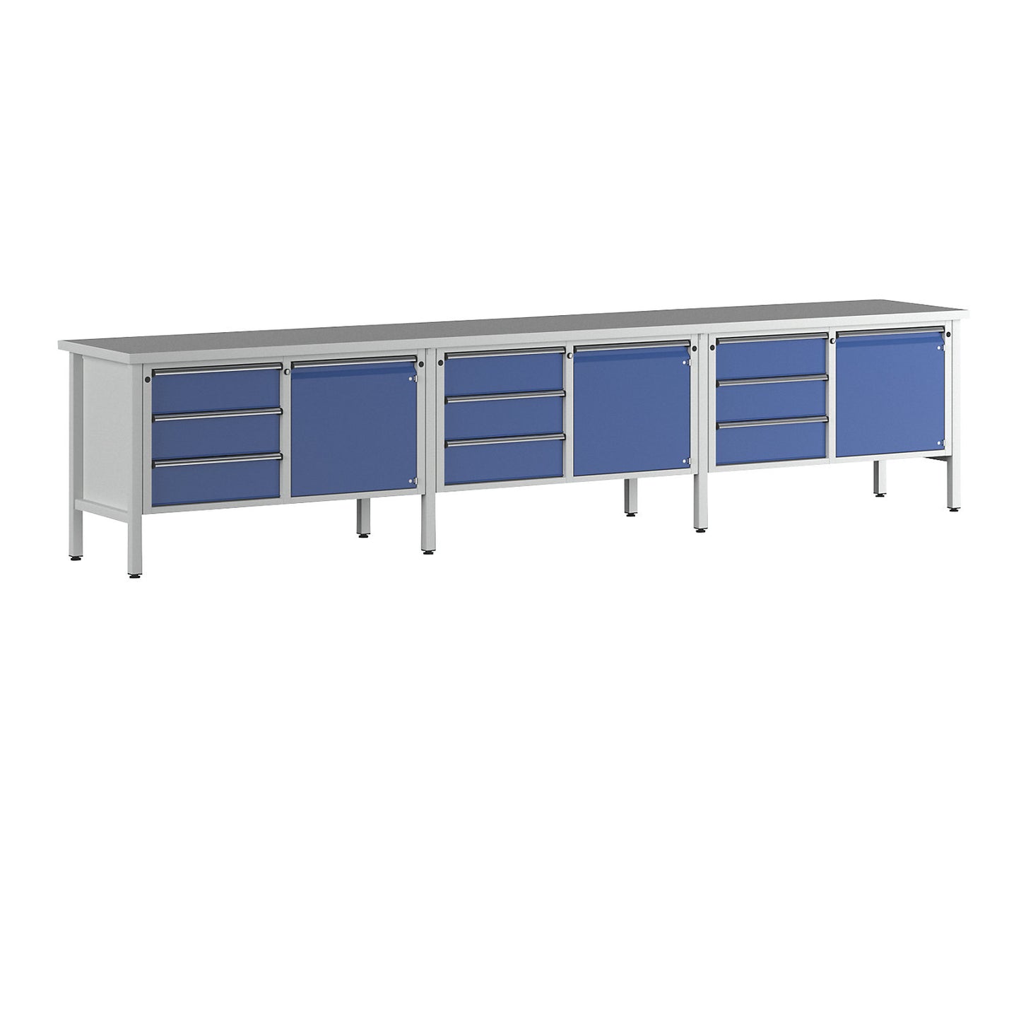Workbench extra wide, frame construction, 3 doors, 9 drawers are fully extendable, working height 890 mm, universal worktop.