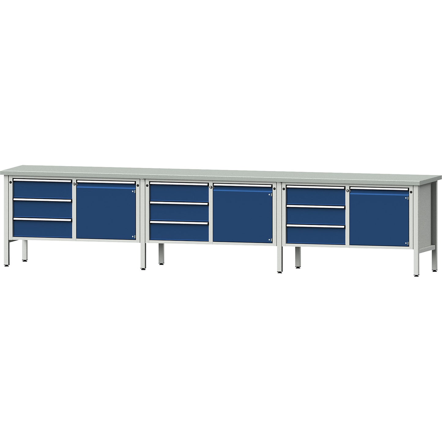 Workbench extra wide, frame construction, 3 doors, 9 drawers are fully extendable, working height 890 mm, sheet steel covered worktop.