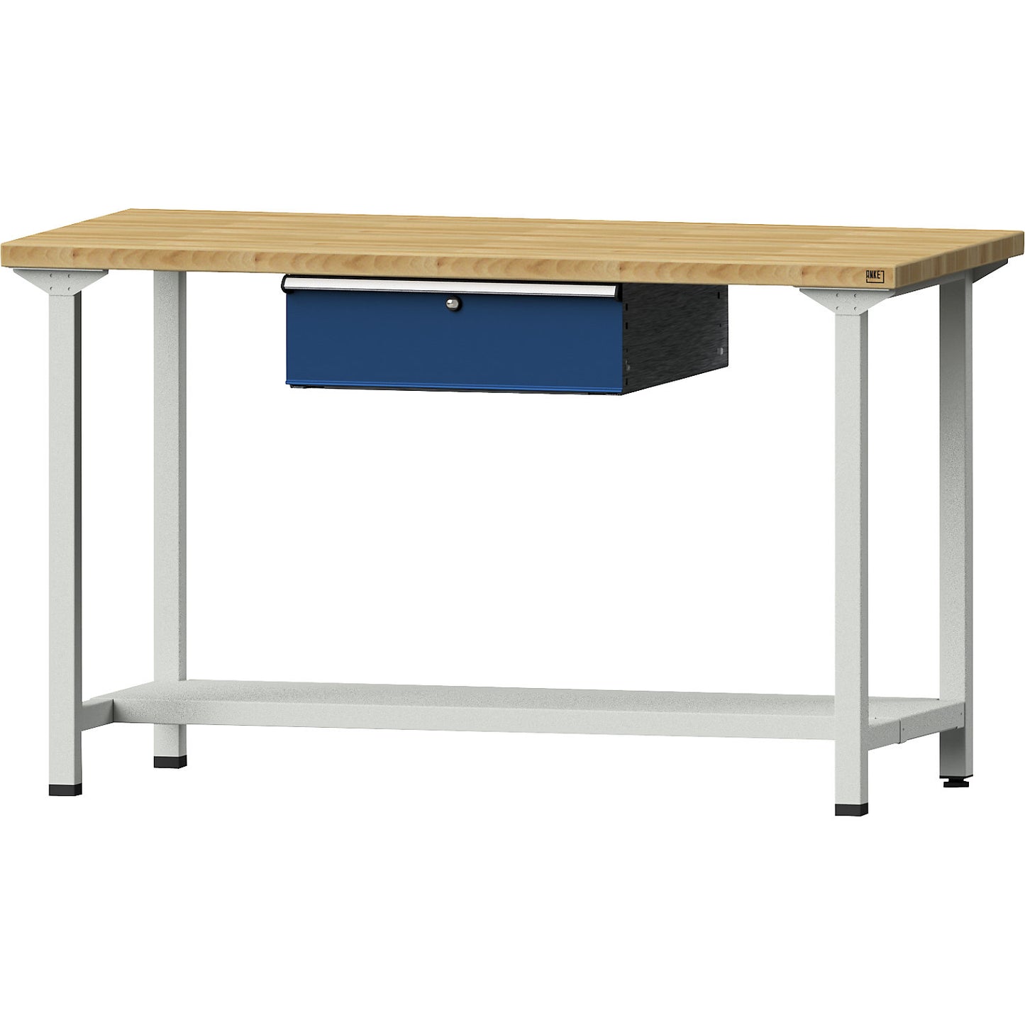 Workbench, Series V frame construction, 1 drawer, 1 shelf, width 1500 mm, height 890 mm, solid beech worktop.
