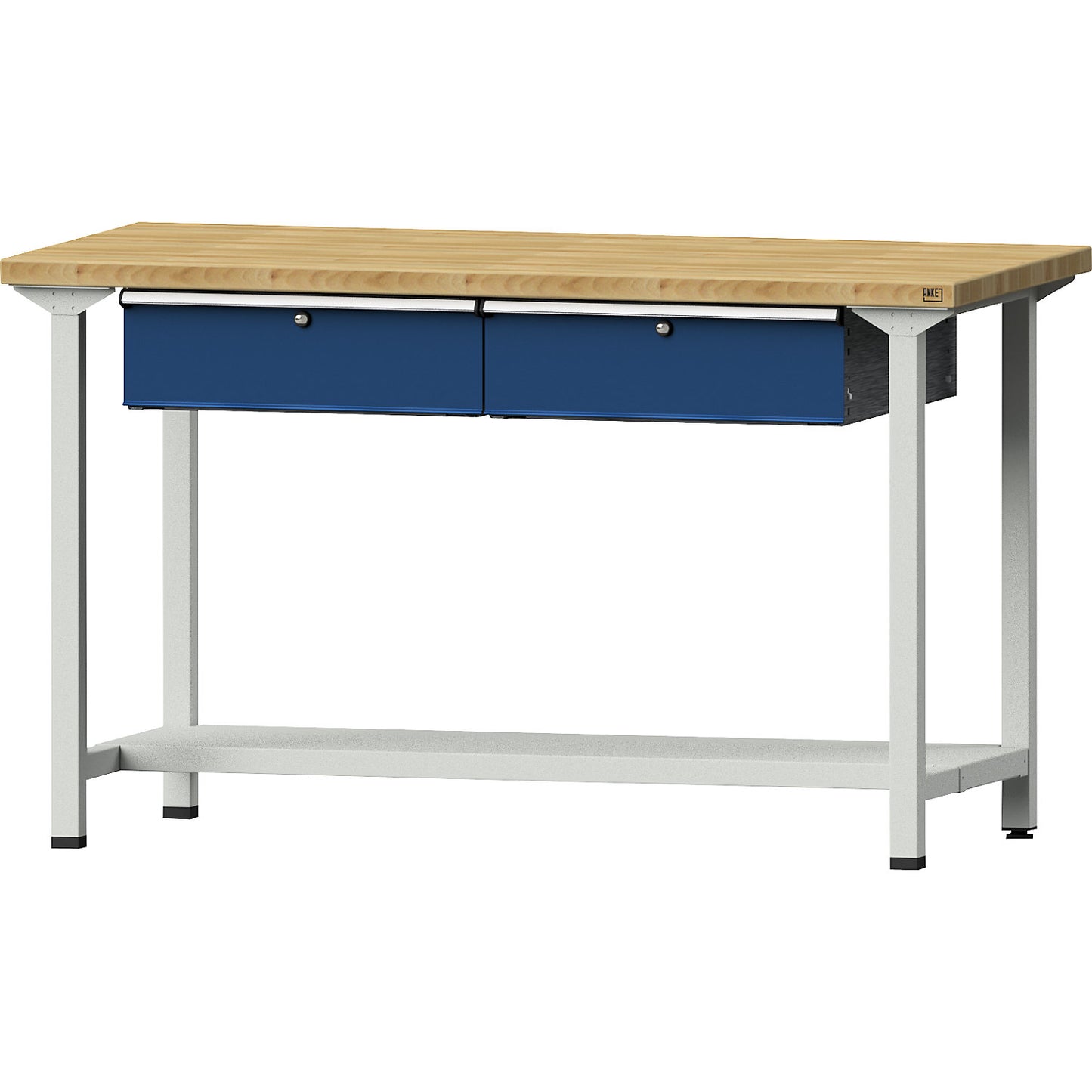 Workbench, Series V frame construction, 2 drawers, 1 shelf, width 1500 mm, solid beech worktop, height 890 mm.