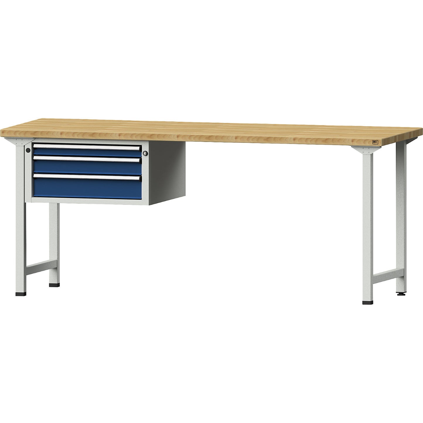 Workbench, Series V frame construction, 3 drawers, solid beech worktop, width 2000 mm.