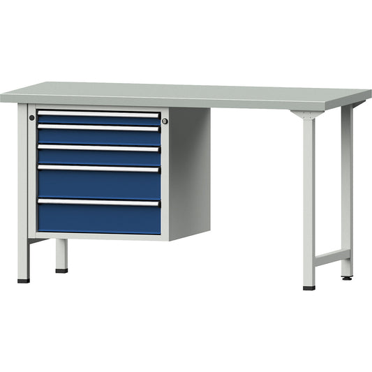 Workbench, Series V frame construction, 5 drawers, sheet steel covered worktop.