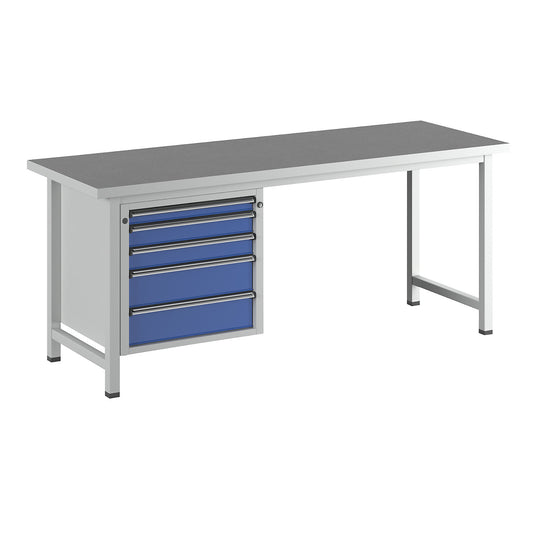 Workbench, Series V frame construction, 5 drawers, universal worktop, width 2000 mm.