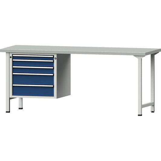 Workbench, Series V frame construction, 5 drawers, steel sheet covered worktop, width 2000 mm.