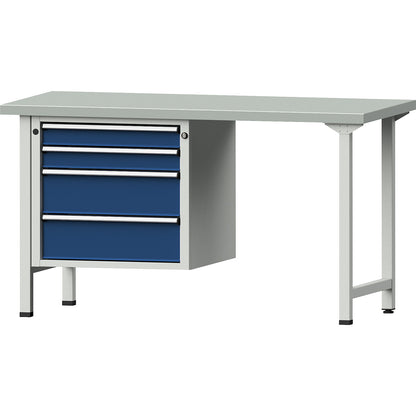 Workbench, Series V frame construction, 2 drawers 90 mm, 2 drawers 180 mm, sheet steel covered worktop.