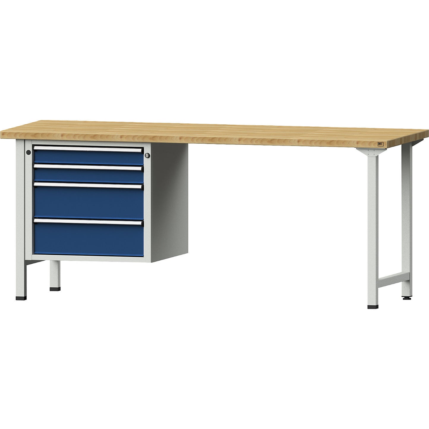 Workbench, Series V frame construction, 2 drawers 90 mm, 2 drawers 180 mm, solid beech worktop, width 2000 mm.