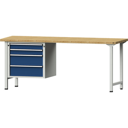 Workbench, Series V frame construction, 2 drawers 90 mm, 2 drawers 180 mm, solid beech worktop, width 2000 mm.
