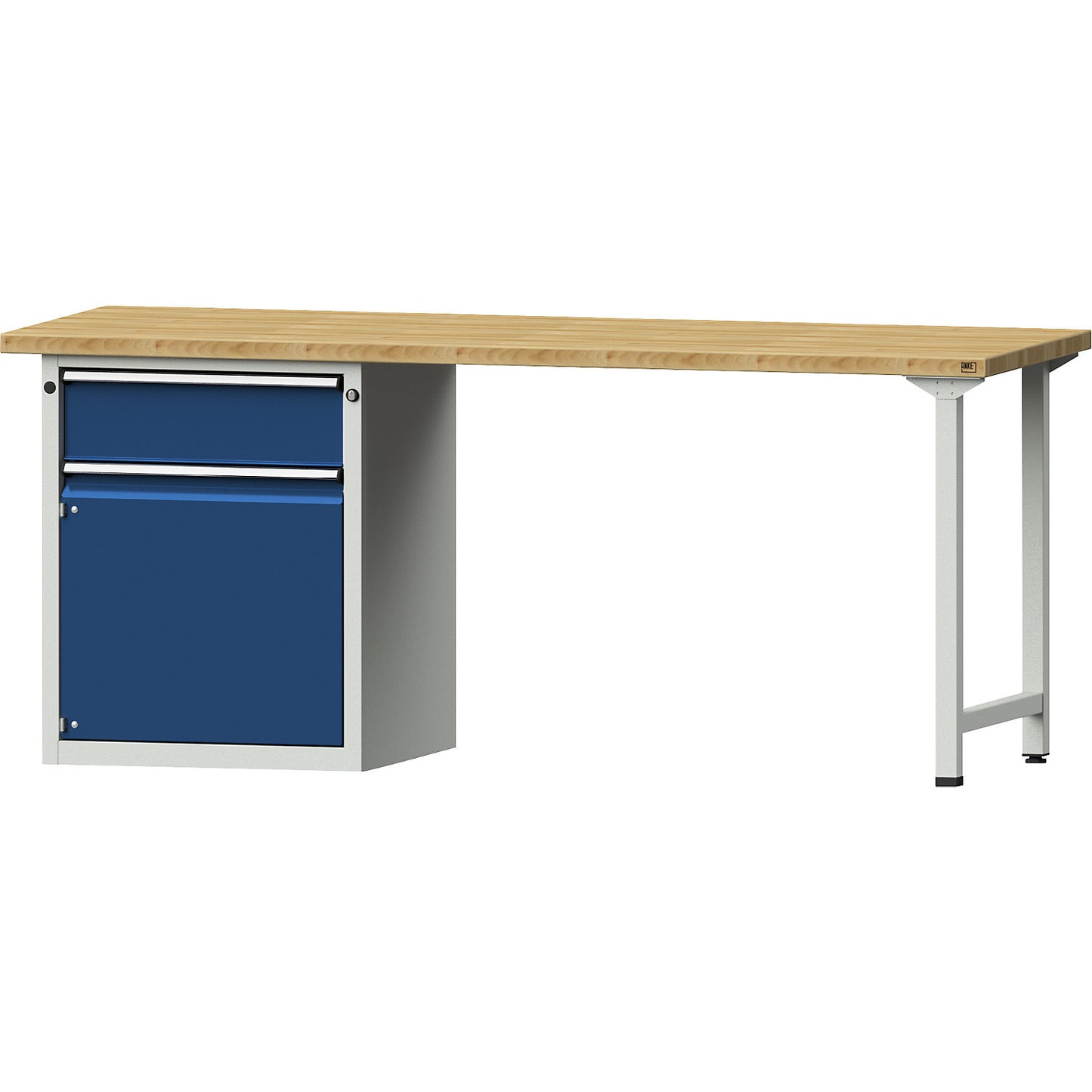 Workbench, Series V frame construction, 1 x 180 mm drawer, 1 door, width 2000 mm, solid beech.