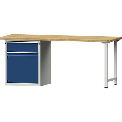 Workbench, Series V frame construction, 1 x 180 mm drawer, 1 door, width 2000 mm, solid beech.
