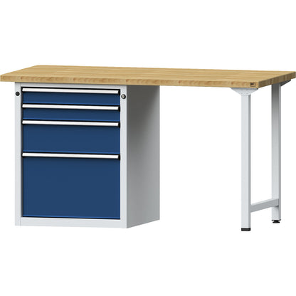 Workbench, Series V frame construction, 4 drawers with 2 x 90, 1 x 180, 1 x 360 mm, solid beech worktop.