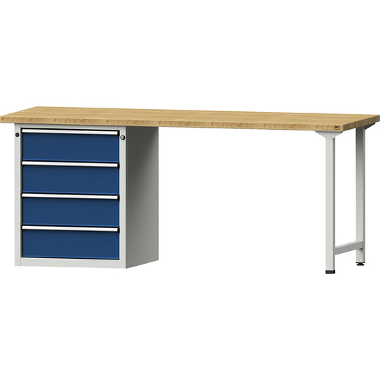 Workbench, Series V frame construction, 4 drawers, solid beech worktop, width 2000 mm.