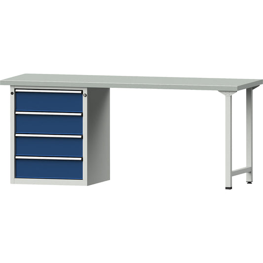 Workbench, Series V frame construction, 4 drawers, steel sheet covered worktop, width 2000 mm.