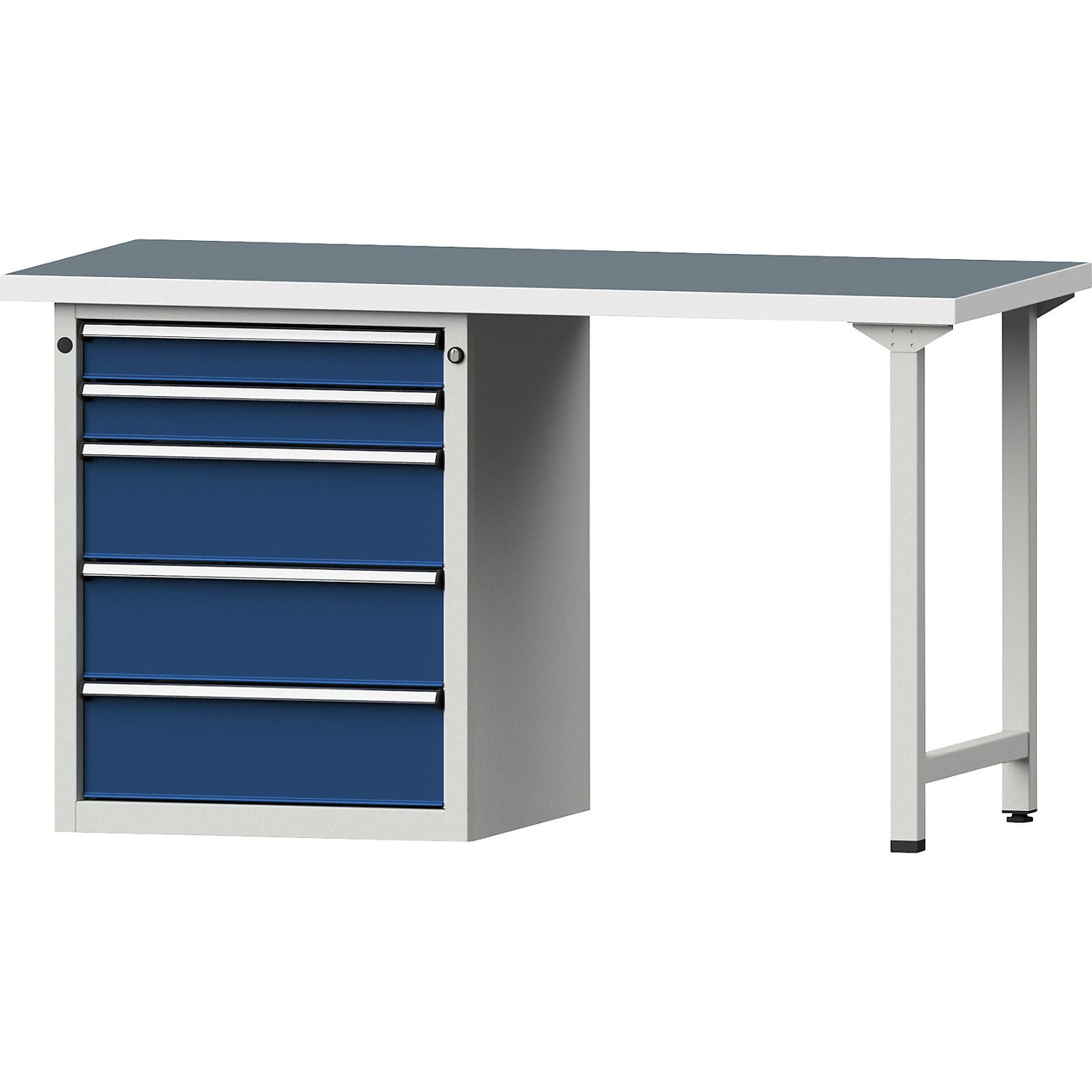 Workbench, Series V frame construction, 5 drawers, width 1500 mm, universal worktop.