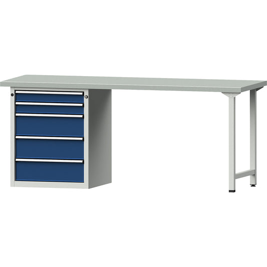 Workbench, Series V frame construction, 5 drawers, width 2000 mm, sheet steel cover.