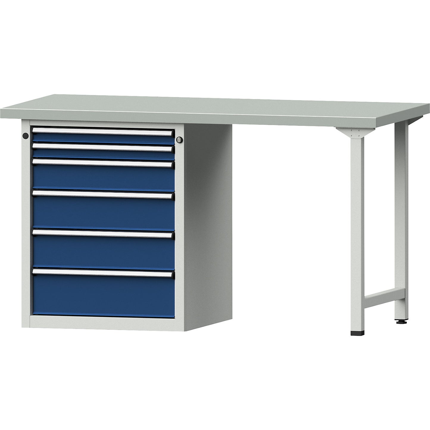 Workbench, Series V frame construction, 6 drawers, sheet steel covered worktop.