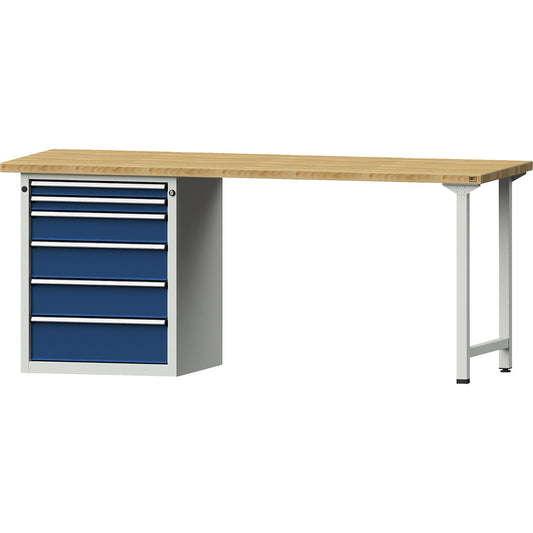 Workbench, Series V frame construction, 6 drawers, solid beech worktop, width 2000 mm.