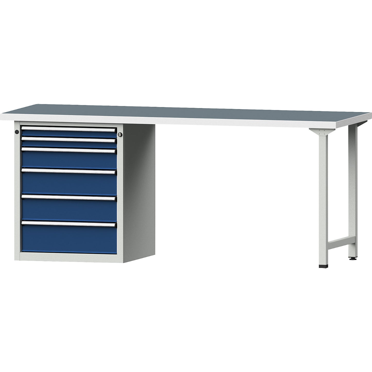 Workbench, Series V frame construction, 6 drawers, universal worktop, width 2000 mm.