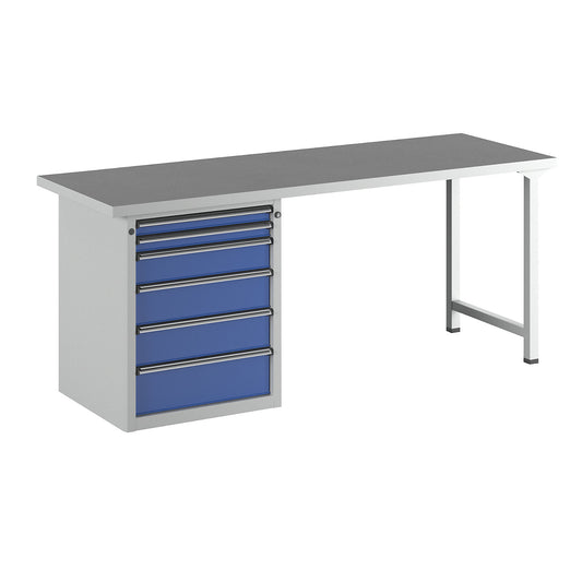 Workbench, Series V frame construction, 6 drawers, universal worktop, width 2000 mm.