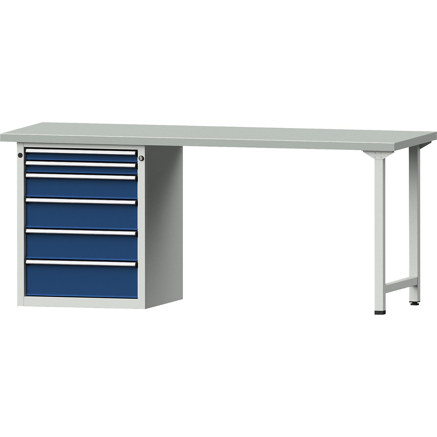 Workbench, Series V frame construction, 6 drawers, steel sheet covered worktop, width 2000 mm.