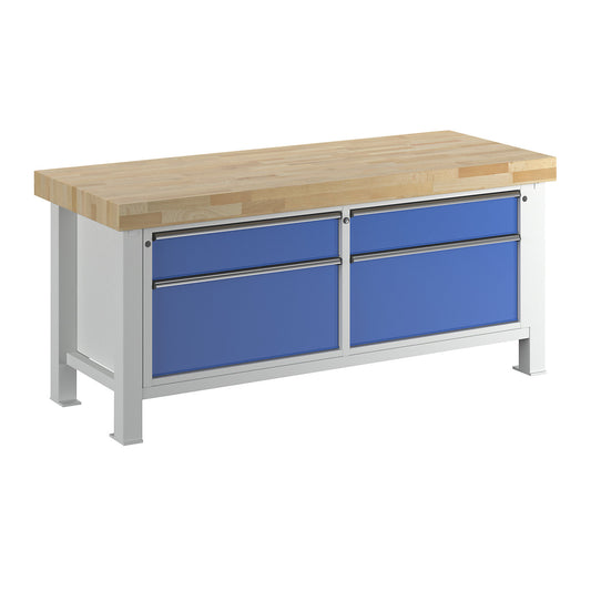 Heavy duty workbench, 2 drawers on left, 2 drawers on right, solid beech worktop 100 mm.