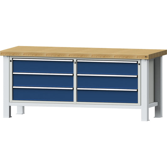 Heavy duty workbench, 3 drawers on left, 3 drawers on right, solid beech worktop 65 mm.