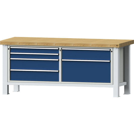 Heavy duty workbench, 4 drawers on left, 2 drawers on right, solid beech worktop 65 mm.