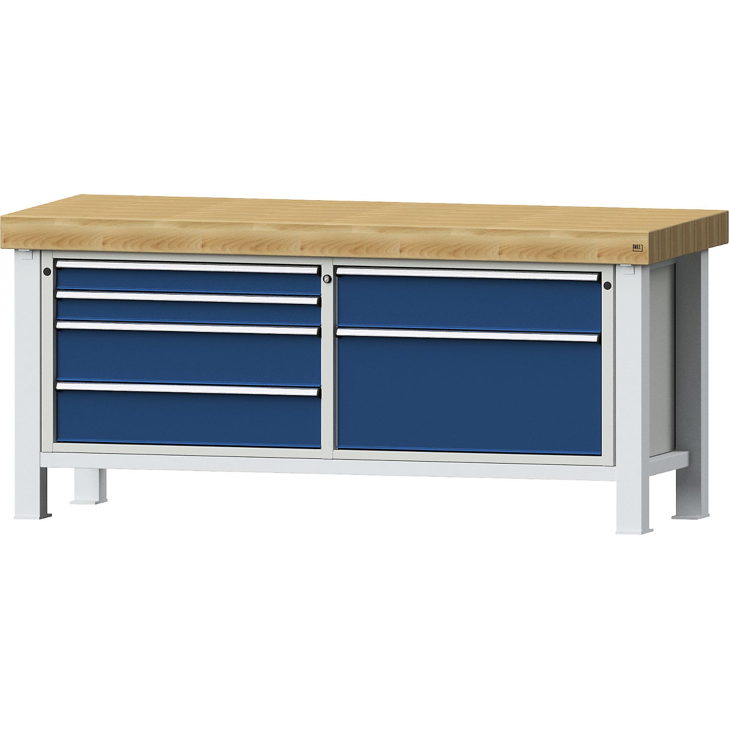 Heavy duty workbench, 4 drawers on left, 2 drawers on right, solid beech worktop 100 mm.
