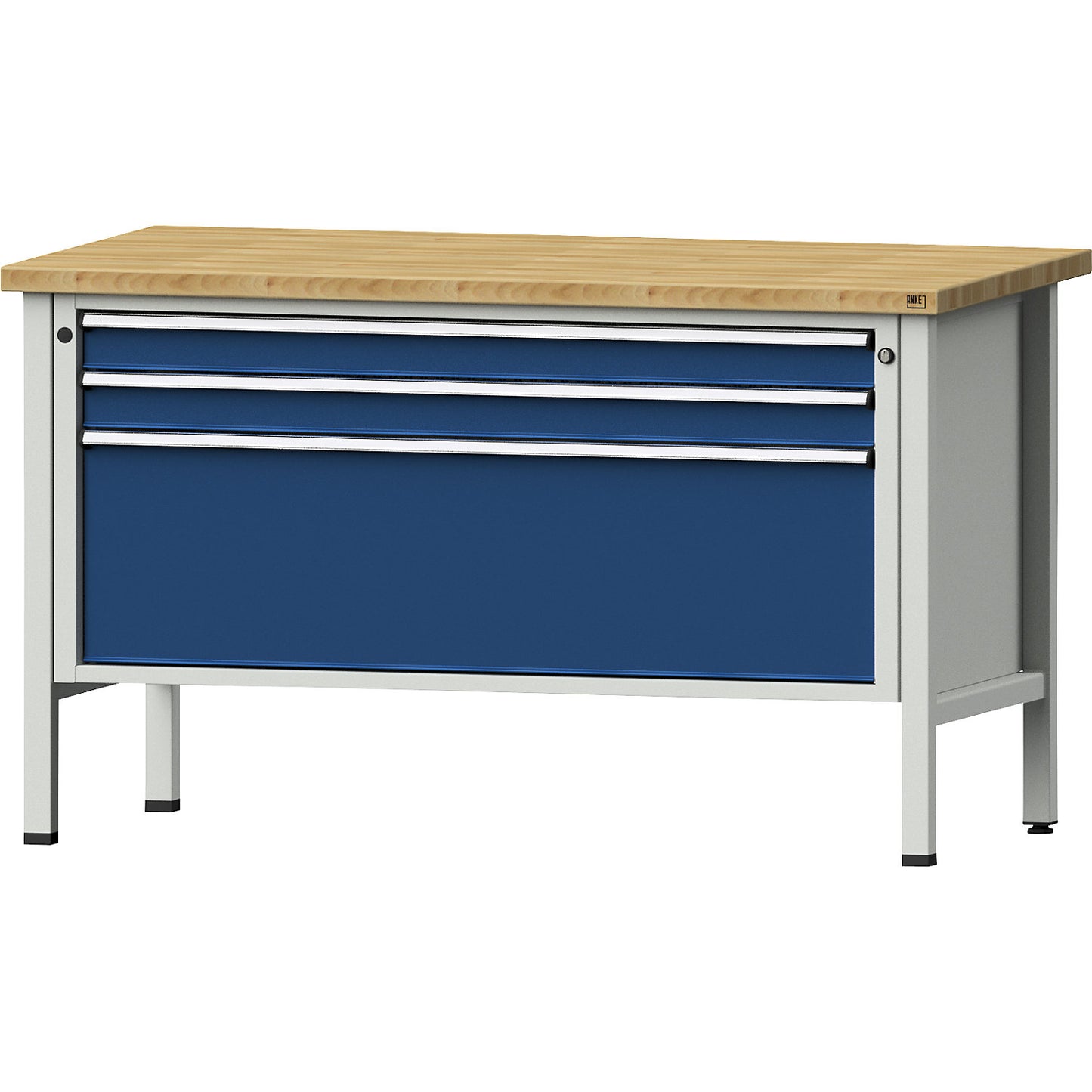 Workbench 1500 mm wide, frame construction, 3 drawers: 2 x 90, 1 x 360 mm, solid beech worktop, height 890 mm.