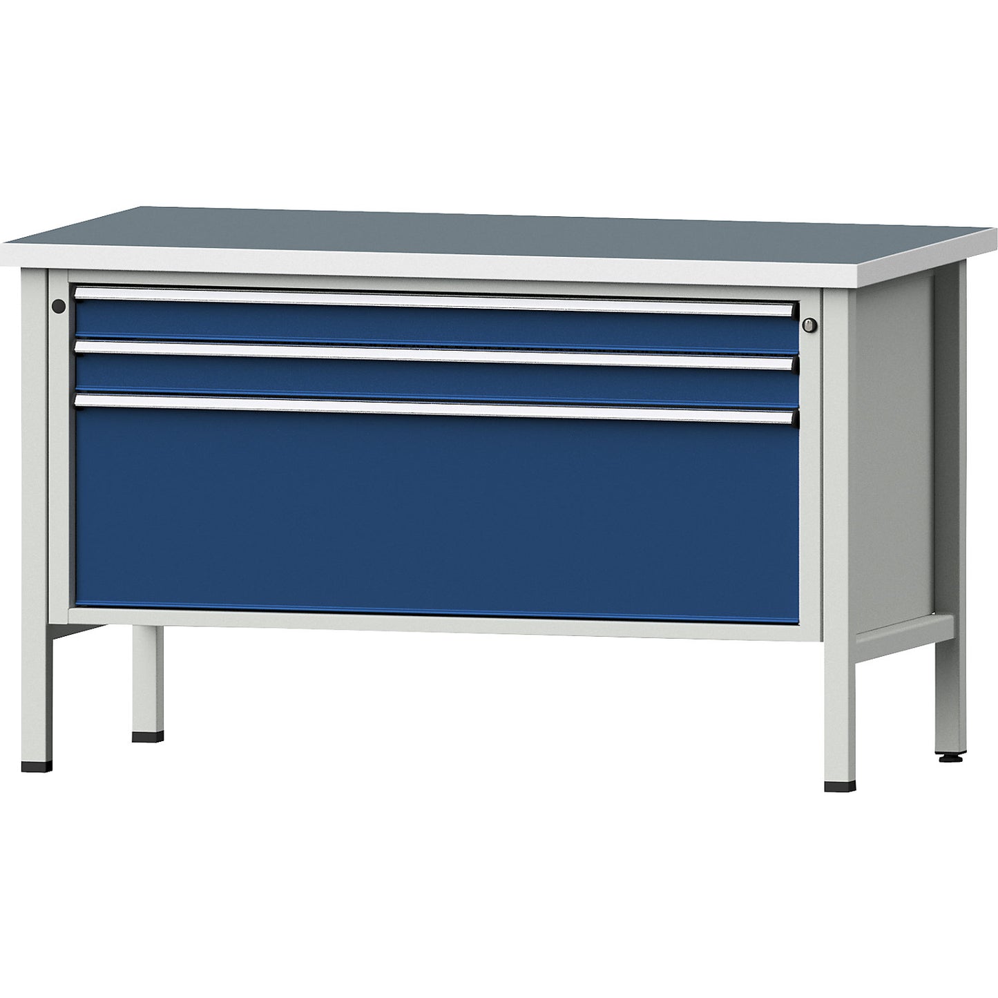 Workbench 1500 mm wide, frame construction, 3 drawers: 2 x 90, 1 x 360 mm, universal worktop, height 890 mm.