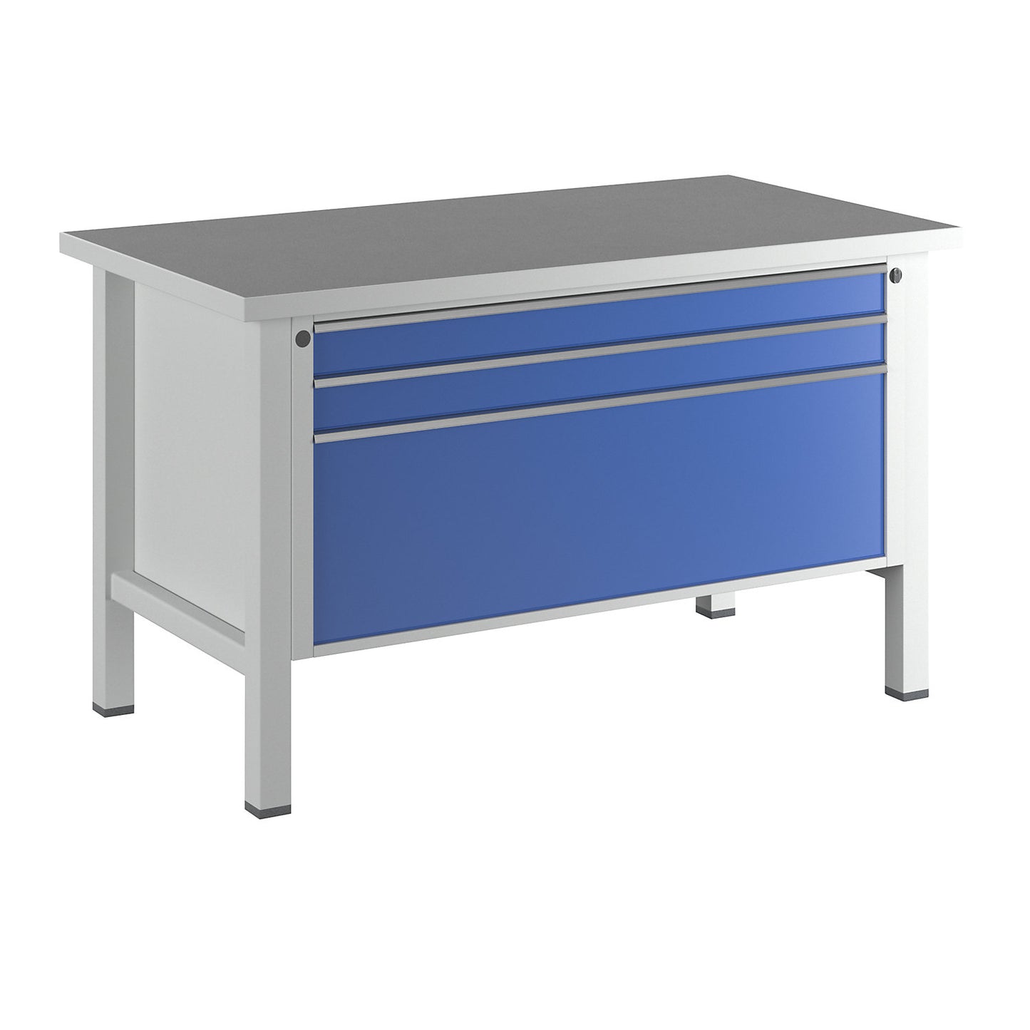 Workbench 1500 mm wide, frame construction, 3 drawers: 2 x 90, 1 x 360 mm, universal worktop, height 890 mm.