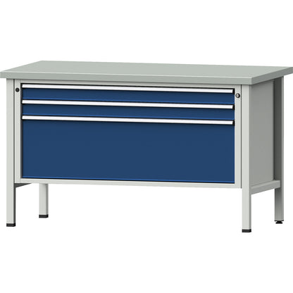 Workbench with XXL drawers, frame construction, 3 drawers: 2 x 90, 1 x 360 mm, sheet steel covered worktop, height 890 mm.