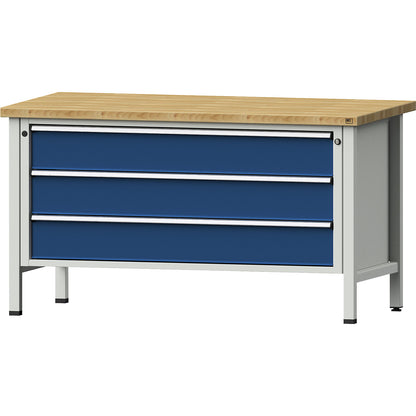 Workbench 1500 mm wide, frame construction, 3 x 180 mm drawers, solid beech worktop, height 840 mm.