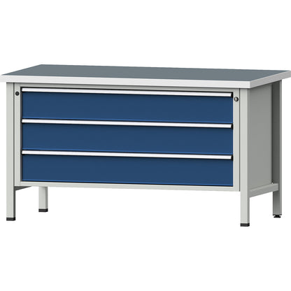 Workbench 1500 mm wide, frame construction, 3 x 180 mm drawers, universal worktop, height 840 mm.