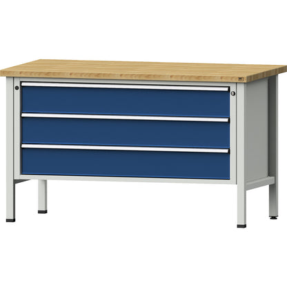 Workbench with XXL drawers, frame construction, 3 x 180 mm drawers, solid beech worktop, height 890 mm.