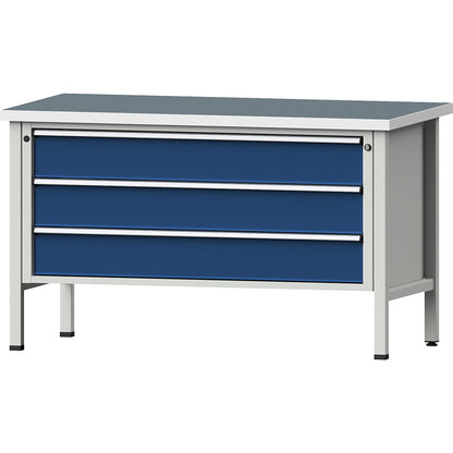 Workbench with XXL drawers, frame construction, 3 x 180 mm drawers, universal worktop, height 890 mm.