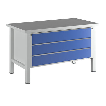 Workbench with XXL drawers, frame construction, 3 x 180 mm drawers, universal worktop, height 890 mm.