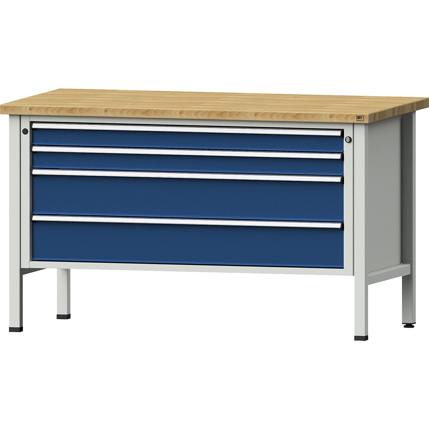 Workbench 1500 mm wide, frame construction, 4 drawers: 2 x 90, 2 x 180 mm, solid beech worktop, height 890 mm.