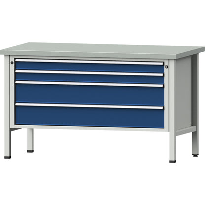 Workbench with XXL drawers, frame construction, 4 drawers: 2 x 90, 2 x 180 mm, sheet steel covered worktop, height 890 mm.