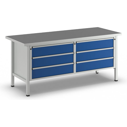 Workbenches 2000 mm wide, frame construction, 6 x 180 mm drawers, universal worktop, height 890 mm.
