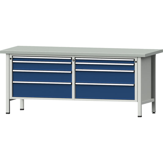 Workbenches 2000 mm wide, frame construction, 8 drawers, sheet steel covered worktop, height 840 mm.
