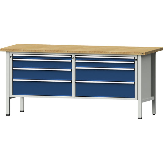 Workbenches 2000 mm wide, frame construction, 8 drawers, solid beech worktop, height 890 mm.