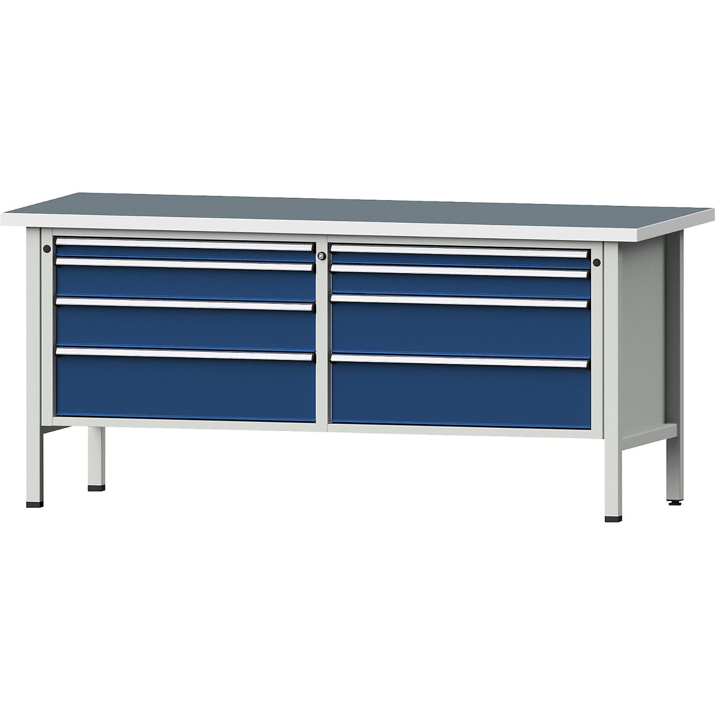 Workbenches 2000 mm wide, frame construction, 8 drawers, universal worktop, height 890 mm.