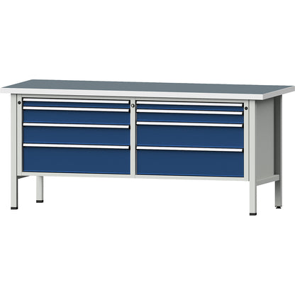 Workbenches 2000 mm wide, frame construction, 8 drawers, universal worktop, height 890 mm.