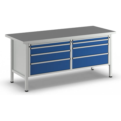 Workbenches 2000 mm wide, frame construction, 8 drawers, universal worktop, height 890 mm.