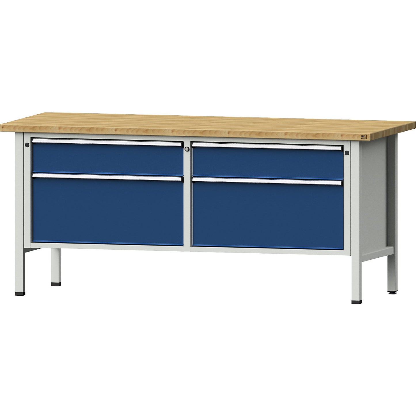 Workbenches 2000 mm wide, frame construction, 4 drawers, solid beech worktop, height 890 mm.