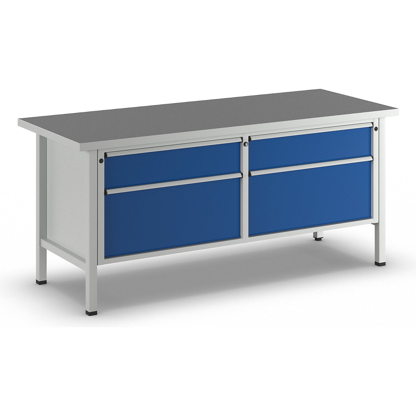 Workbenches 2000 mm wide, frame construction, 4 drawers, universal worktop, height 890 mm.