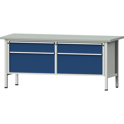Workbenches 2000 mm wide, frame construction, 4 drawers, sheet steel covered worktop, height 890 mm.